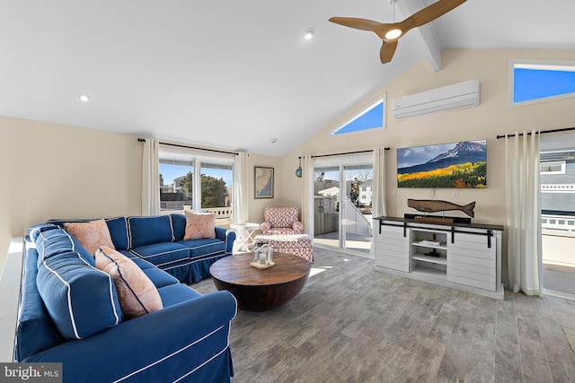 living room featuring ceiling fan, hardwood / wood-style floors, high vaulted ceiling, a wall mounted air conditioner, and beamed ceiling