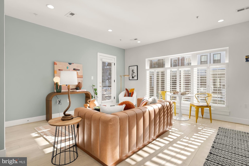 living room featuring a wealth of natural light and light wood-type flooring