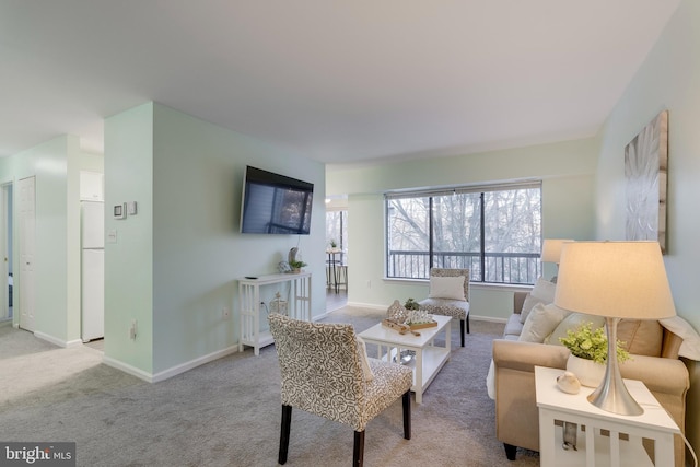 living room featuring light carpet