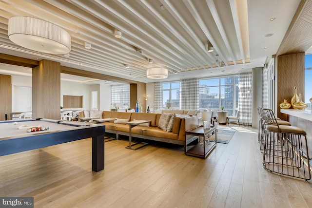 recreation room with light hardwood / wood-style floors