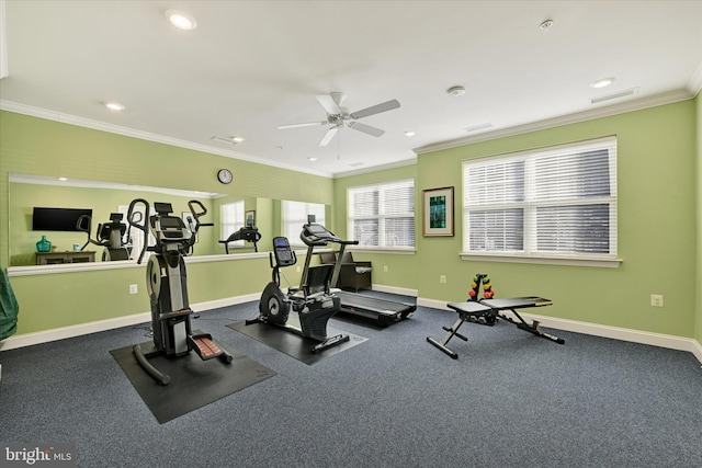 workout area with crown molding and ceiling fan