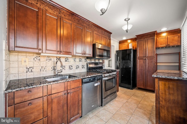 kitchen featuring sink, light tile patterned floors, dark stone counters, stainless steel appliances, and decorative backsplash