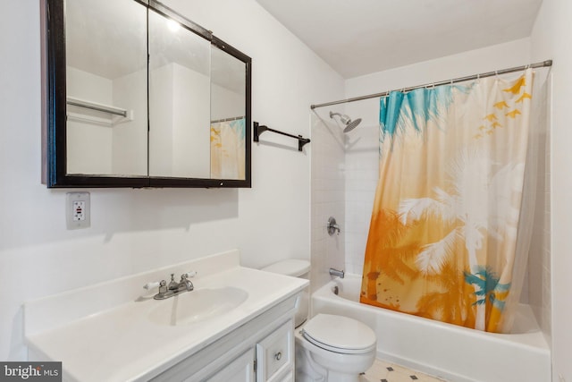 full bathroom with vanity, shower / bath combination with curtain, and toilet