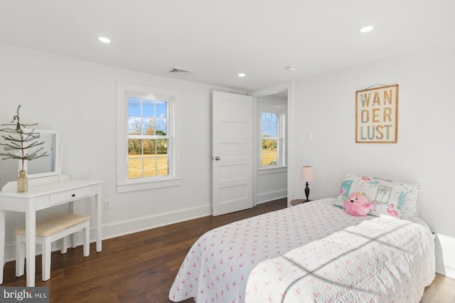 bedroom featuring multiple windows and dark wood-type flooring