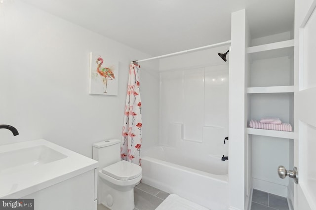 full bathroom featuring shower / tub combo with curtain, vanity, toilet, and tile patterned flooring