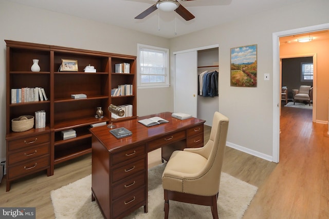 office area with ceiling fan and light hardwood / wood-style floors