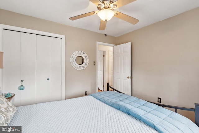 bedroom with ceiling fan and a closet