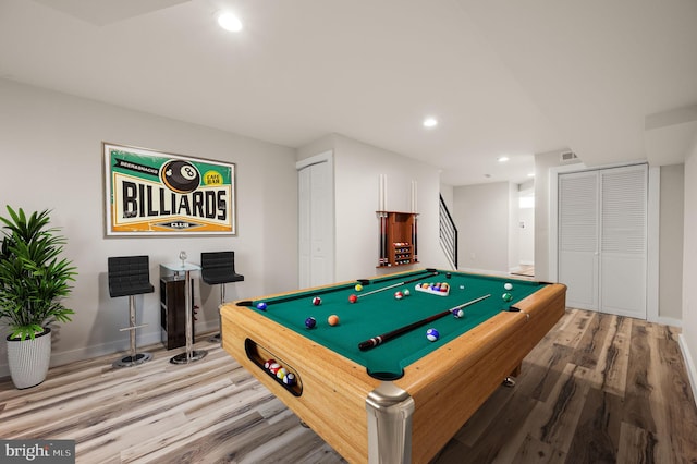 recreation room featuring billiards and wood-type flooring