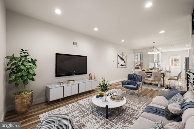 living room featuring dark hardwood / wood-style flooring