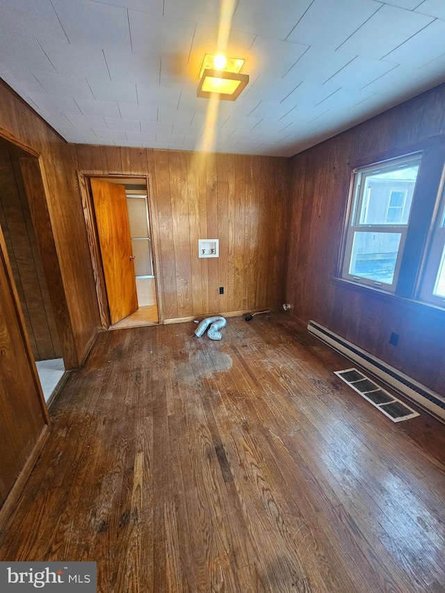 unfurnished room with wood-type flooring, baseboard heating, and wood walls