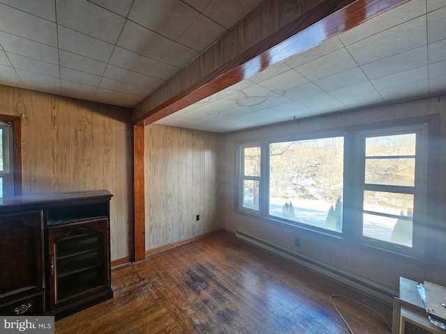 unfurnished living room with dark hardwood / wood-style flooring and wood walls