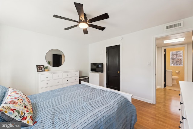 bedroom with ceiling fan and light hardwood / wood-style flooring