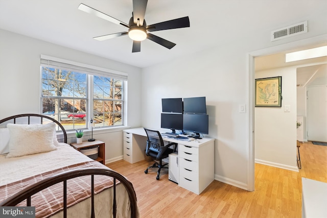 bedroom featuring ceiling fan and light hardwood / wood-style flooring