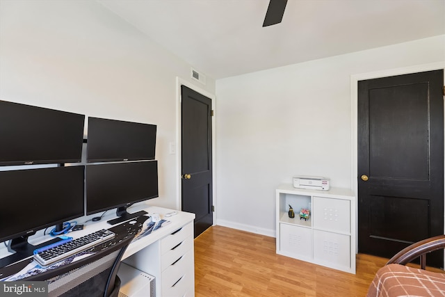 office area featuring ceiling fan and light wood-type flooring