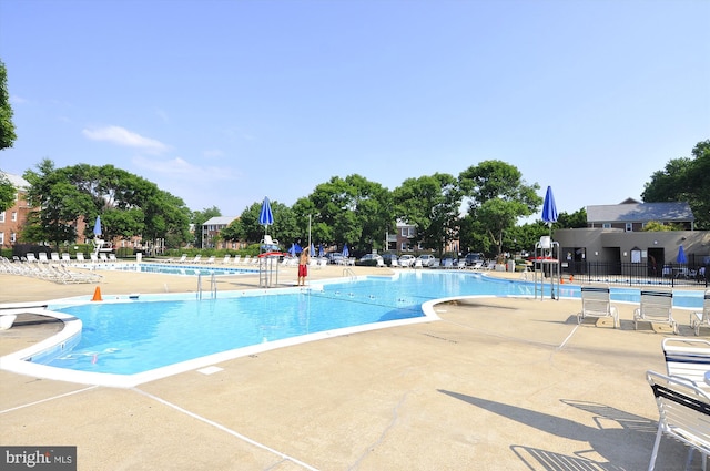 view of swimming pool featuring a patio area