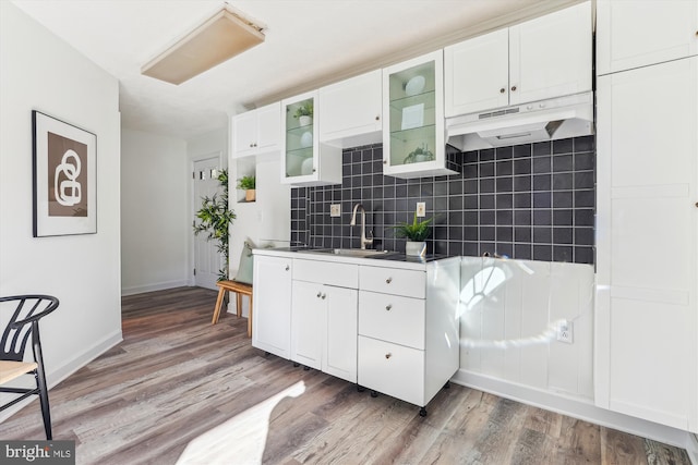 kitchen with white cabinets, dark hardwood / wood-style floors, sink, and backsplash