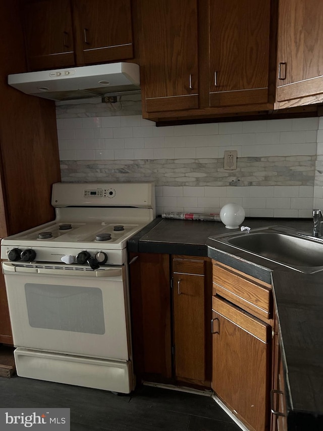 kitchen with sink, decorative backsplash, and white stove