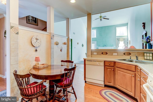 kitchen with sink, dishwasher, ceiling fan, stove, and light hardwood / wood-style floors