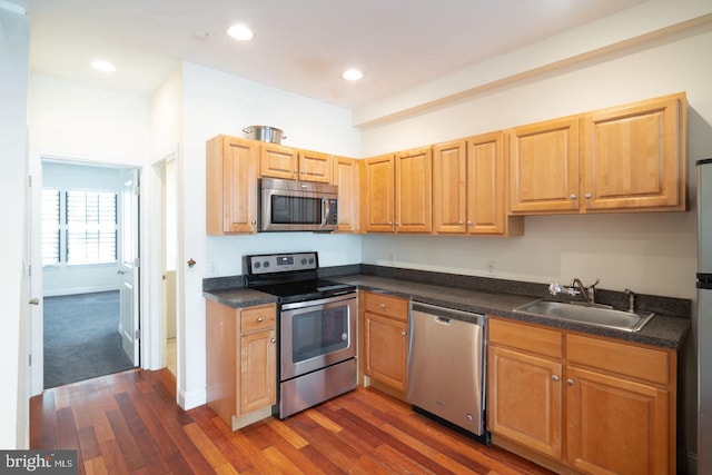 kitchen with stainless steel appliances, sink, and dark hardwood / wood-style floors