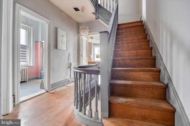 stairway featuring hardwood / wood-style flooring and radiator heating unit