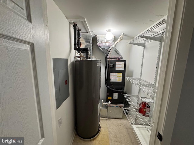 utility room with water heater, heating unit, and electric panel