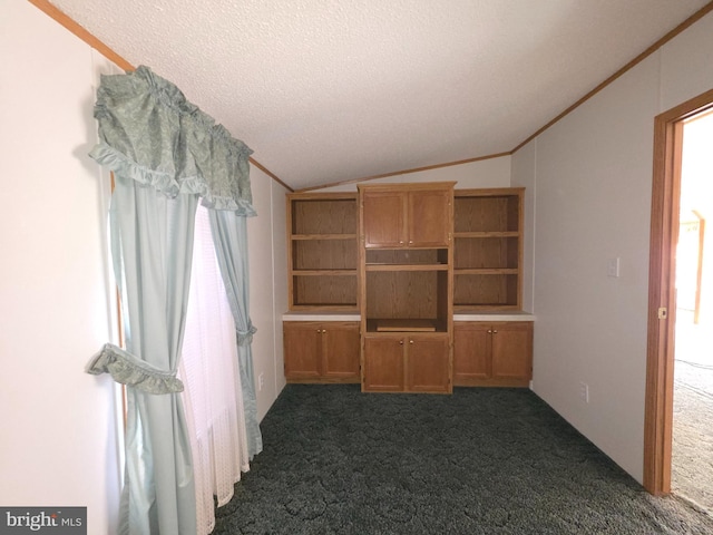 interior space with lofted ceiling, a textured ceiling, multiple windows, dark carpet, and crown molding