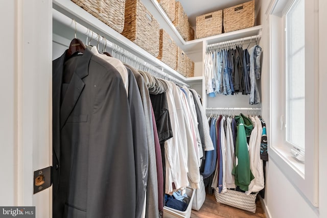 walk in closet with wood-type flooring