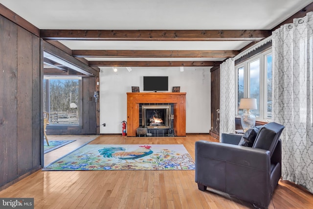 living room featuring light hardwood / wood-style floors and beamed ceiling