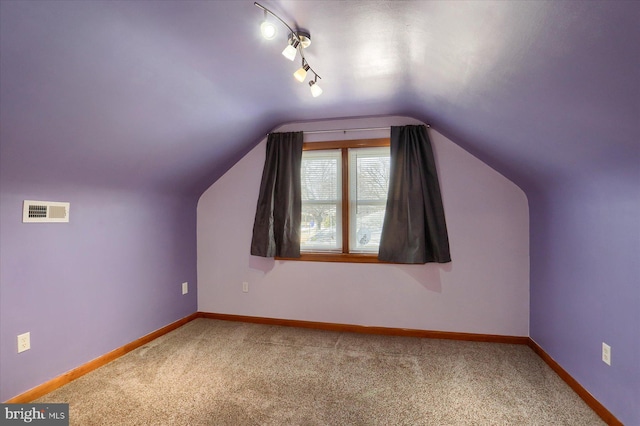 additional living space with lofted ceiling and carpet floors