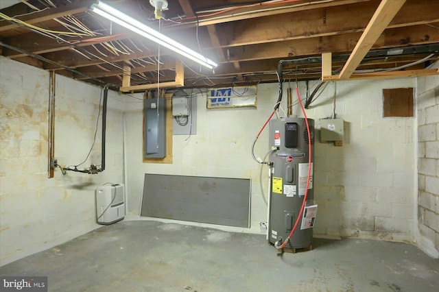 basement with hybrid water heater and electric panel