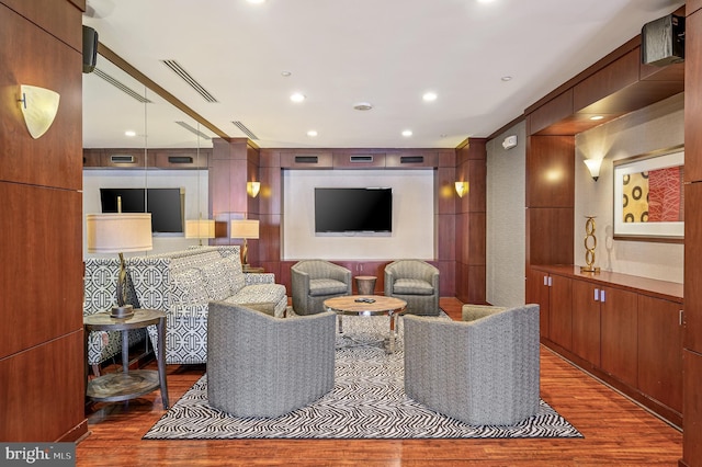 living room featuring dark wood-type flooring