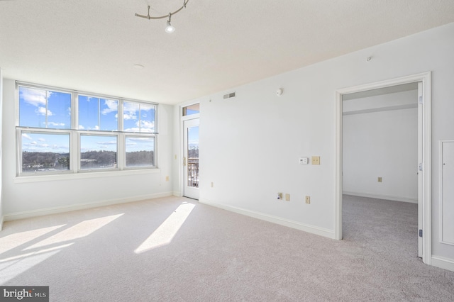 interior space with light colored carpet, access to exterior, and a textured ceiling