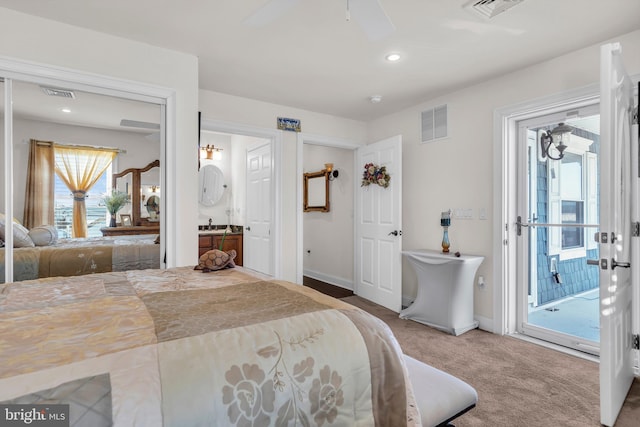 carpeted bedroom with access to outside and ceiling fan