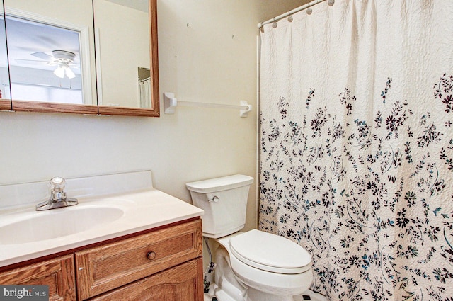 bathroom with walk in shower, ceiling fan, vanity, and toilet