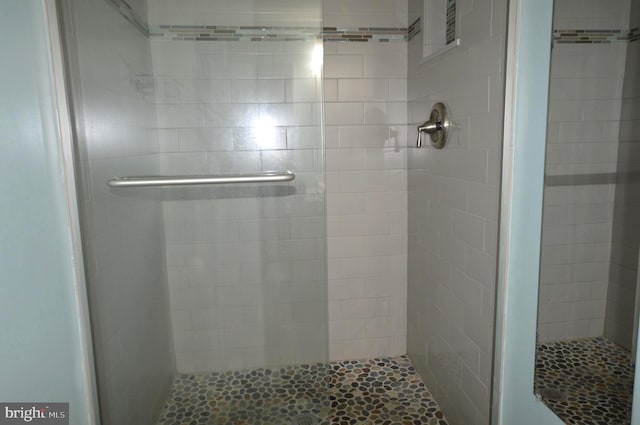 bathroom with a shower with shower door