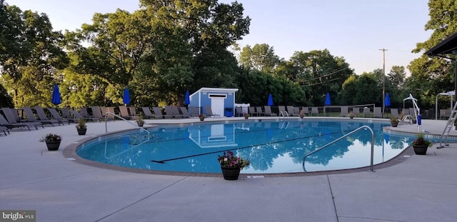 view of swimming pool featuring a patio area