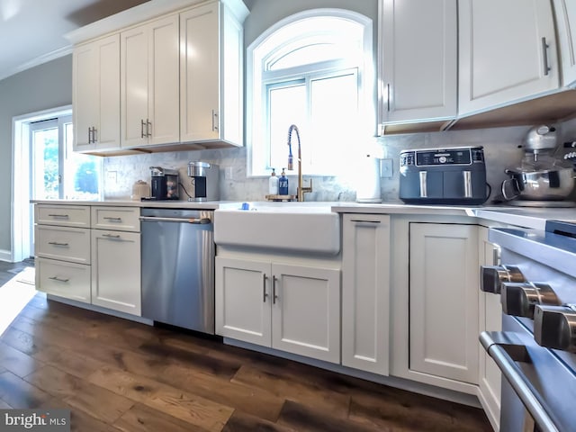 kitchen featuring dark wood-type flooring, sink, stainless steel dishwasher, decorative backsplash, and white cabinets