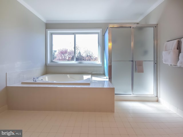 bathroom featuring tile patterned floors, ornamental molding, and shower with separate bathtub