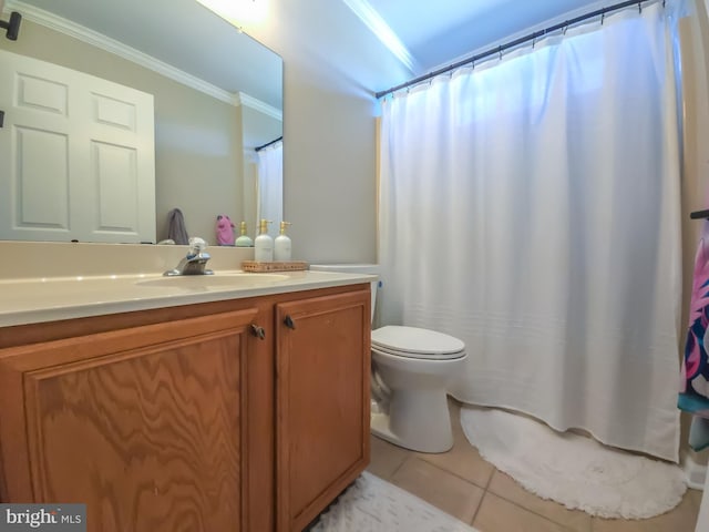 bathroom featuring ornamental molding, toilet, tile patterned flooring, and vanity