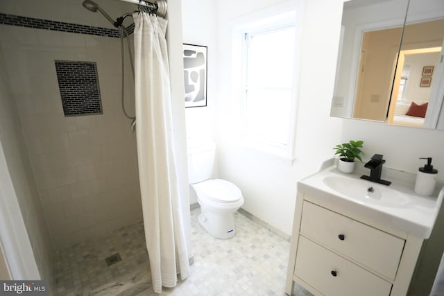 bathroom featuring vanity, curtained shower, and toilet