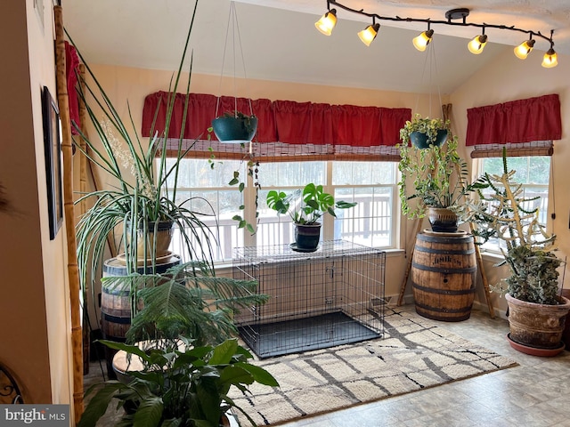 sunroom with rail lighting and vaulted ceiling