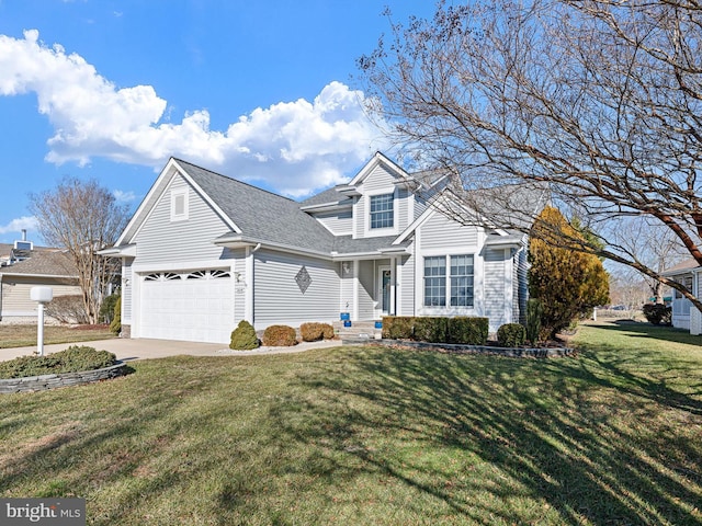 front facade featuring a garage and a front yard