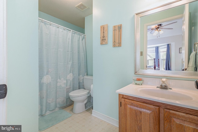 full bath featuring visible vents, a ceiling fan, toilet, tile patterned floors, and vanity