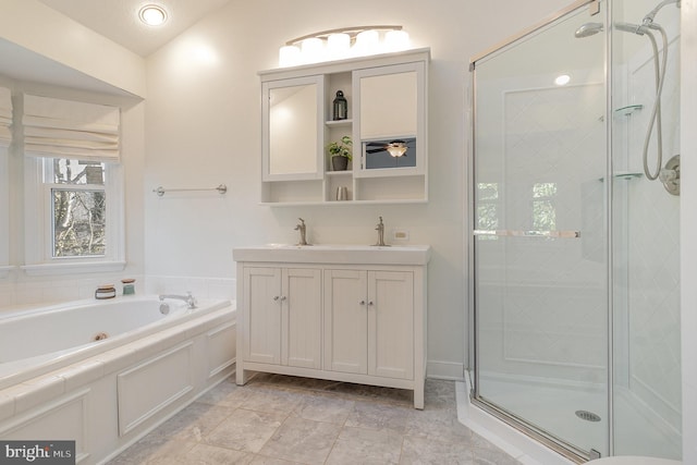 bathroom featuring lofted ceiling, recessed lighting, a stall shower, vanity, and a bath