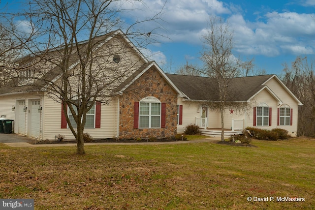 view of front facade with crawl space, stone siding, and a front lawn