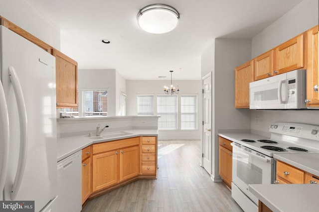 kitchen with sink, white appliances, light hardwood / wood-style flooring, decorative light fixtures, and a chandelier