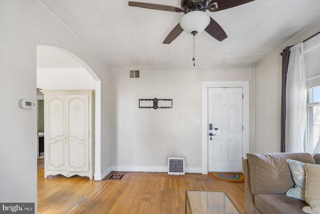 interior space with light hardwood / wood-style floors and ceiling fan