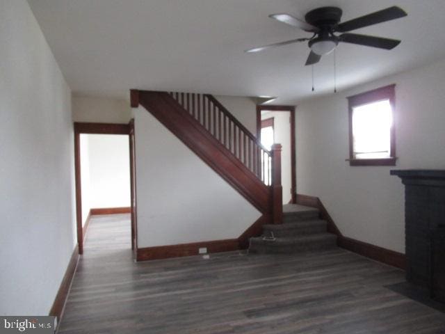 staircase featuring hardwood / wood-style floors and ceiling fan