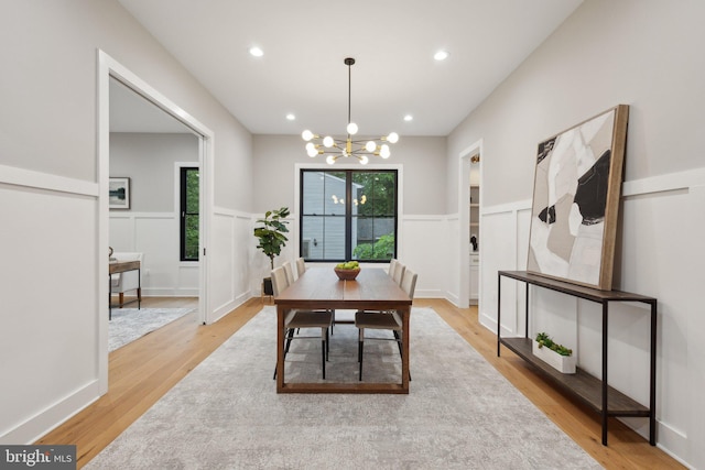6919 Berkeley St, Falls Church, VA 22043 - dining room featuring a chandelier, light wood finished floors, recessed lighting, and a wainscoted wall