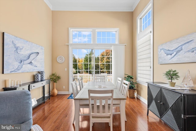 dining space featuring hardwood / wood-style flooring and crown molding